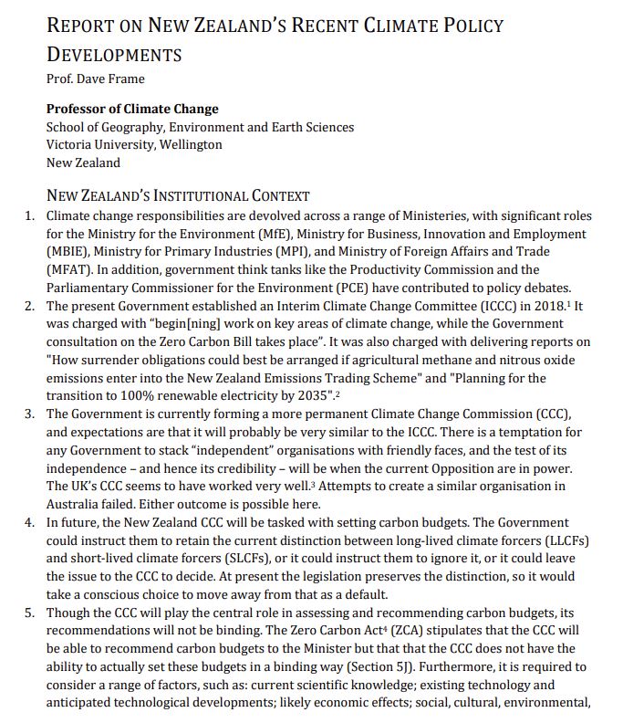 Frame (2019) Report on New Zealands Recent Climate Policy Development